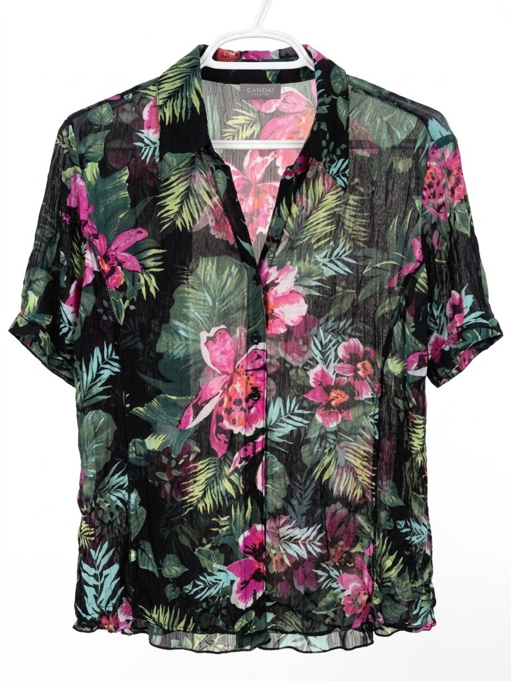 Black Floral Button-Down Shirt with Pink & Green Print